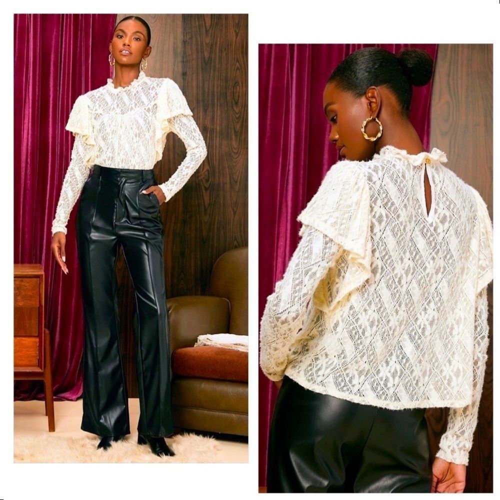 NWT! RUFFLE TRIM FRILLED NECK LACE BLOUSE IN IVORY/CREAM!